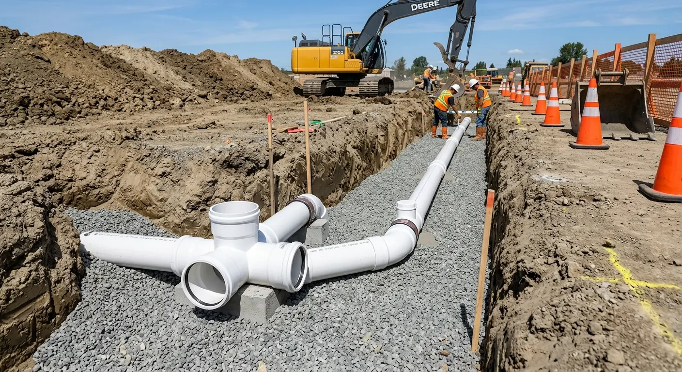 New PVC sewer pipe installation in open trench for Sewer Backup in Tolland