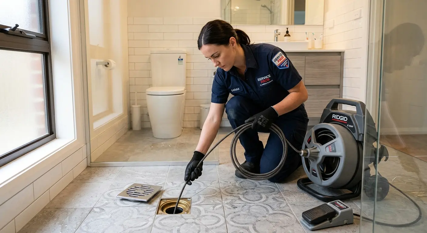 Technician clearing a bathroom floor drain for Sewer Line Installation in Tolland
